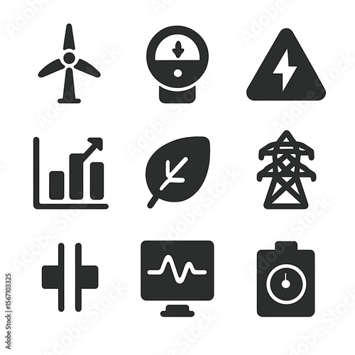Wind Energy Icons Grid. Solid, filled icon set of wind energy production: spinning turbine, energy meter, voltage icon,