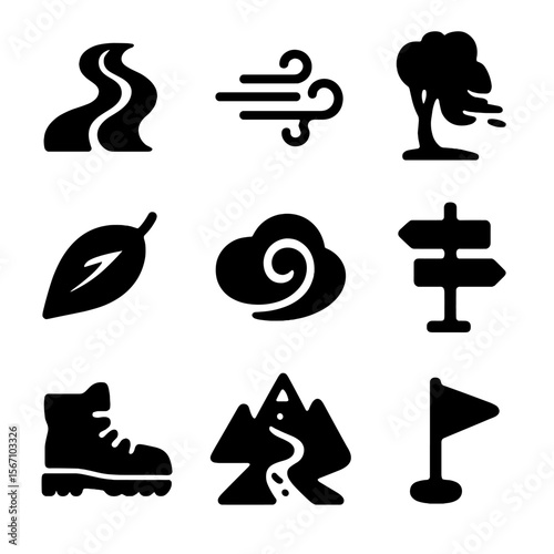 Windy Path Icons. Solid, filled icon set of windy path: winding road, gust of wind, swaying tree, fallen leaf, cloud swirl,
