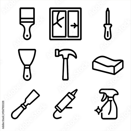 Window Repair Tools. Solid, filled icon set of window repair and maintenance: paint brush, glass pane replacement, screwdriver,