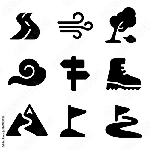 Windy Path Icons. Solid, filled icon set of windy path: winding road, gust of wind, swaying tree, fallen leaf, cloud swirl,