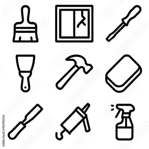 Window Repair Tools. Solid, filled icon set of window repair and maintenance: paint brush, glass pane replacement, screwdriver,