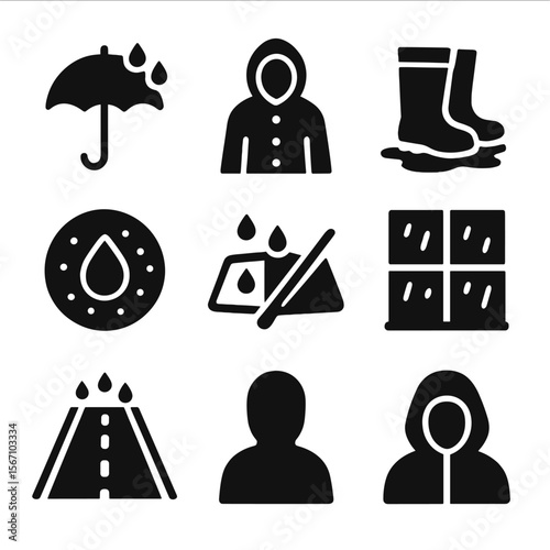 Rainy Day Icons. Solid, filled icons set of human interaction with rain: umbrella, raincoat, puddle splash,
