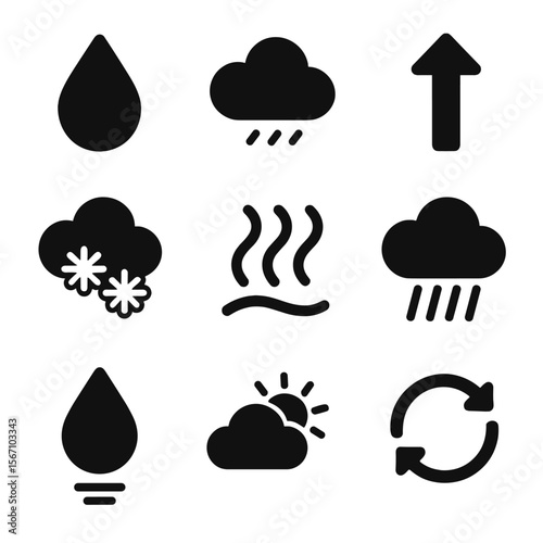 Rain Formation Icons. Solid, filled icons set of how rain is formed: water droplet, cloud icon, evaporation