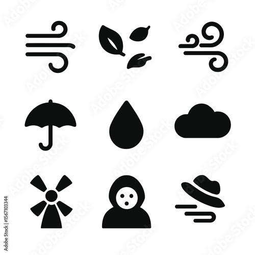 Windy Weather Icons. Solid, filled icon set of windy fall weather: gust symbol, blowing leaves, swirling air, umbrella, raindrop,
