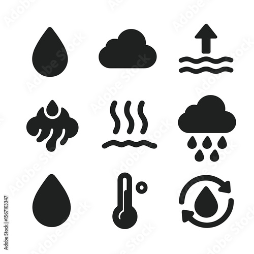 Rain Formation Icons. Solid, filled icons set of how rain is formed: water droplet, cloud icon, evaporation