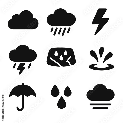 Rainy Weather Icons. Solid, filled icons set of rainy weather elements: heavy clouds, falling rain, lightning