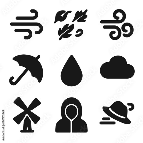 Windy Weather Icons. Solid, filled icon set of windy fall weather: gust symbol, blowing leaves, swirling air, umbrella, raindrop,