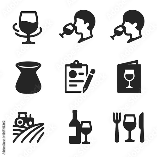 Wine Tasting Icons. Solid, filled icon set of wine tasting experience: swirl, sip, sniff, spittoon, tasting notes, sommelier hat,