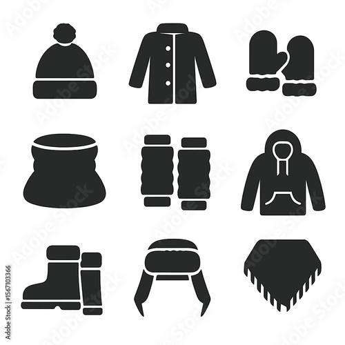 Winter Accessories Icons. Solid, filled icon set of cozy winter accessories: pom-pom hat, buttoned coat, fleece mittens, neck