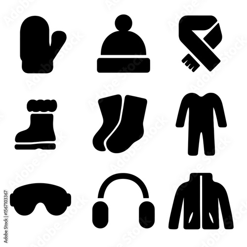 Winter Accessories Icons. Solid, filled icon set of children’s winter accessories: mittens, hat with pom-pom, scarf, boots with