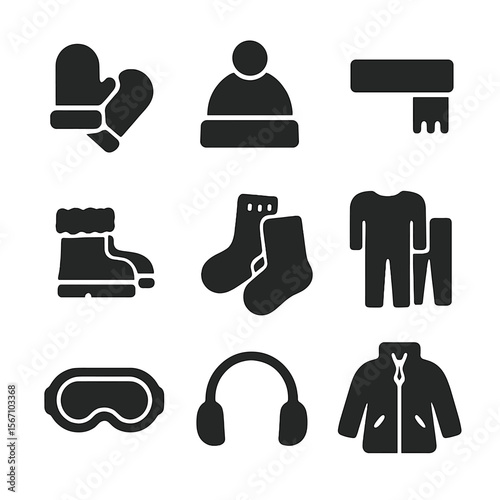 Winter Accessories Icons. Solid, filled icon set of children’s winter accessories: mittens, hat with pom-pom, scarf, boots with