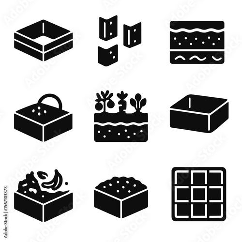 Raised Bed Icons. Solid, filled icons set of raised bed gardening: wooden bed, corner brackets, soil layers,