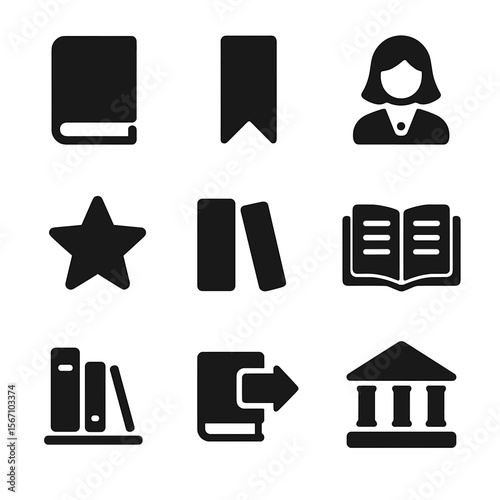 Reading Icons Collection. Solid, filled icons set of book and reading suggestion systems: book icon, bookmark,