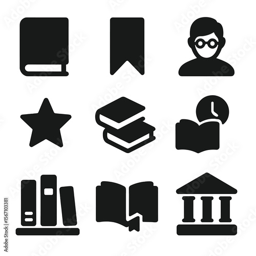 Reading Icons Collection. Solid, filled icons set of book and reading suggestion systems: book icon, bookmark,