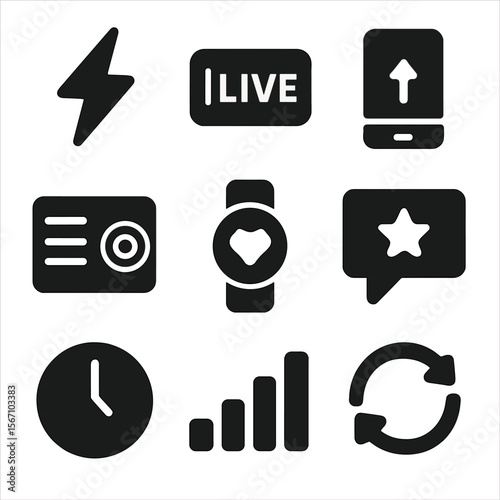Real-Time Icons Grid. Solid, filled icons set of real-time suggestion systems: lightning bolt, live stream,