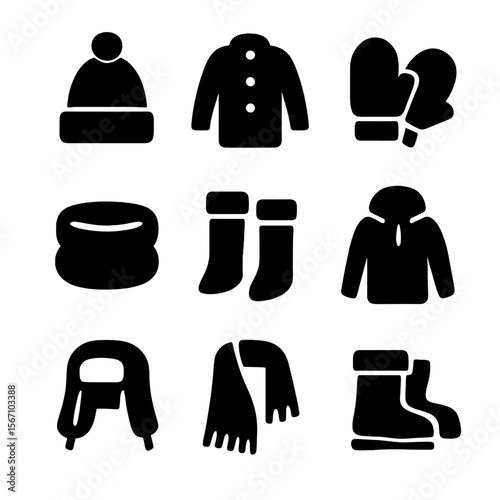 Winter Accessories Icons. Solid, filled icon set of cozy winter accessories: pom-pom hat, buttoned coat, fleece mittens, neck