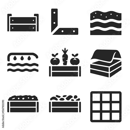 Raised Bed Icons. Solid, filled icons set of raised bed gardening: wooden bed, corner brackets, soil layers,