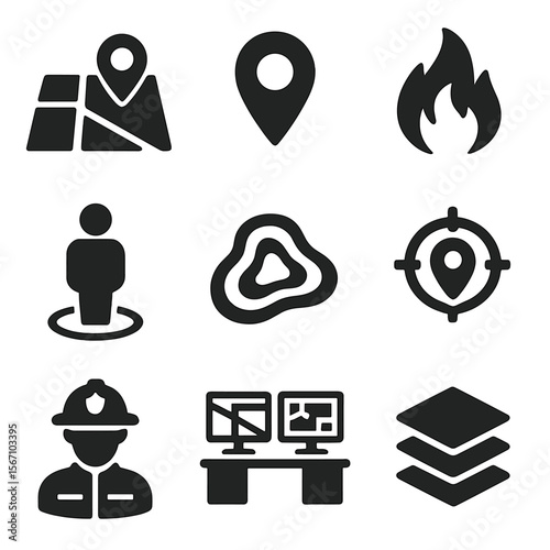 Real-Time Mapping Icons. Solid, filled icons set of real-time mapping and data: digital map, location icon,