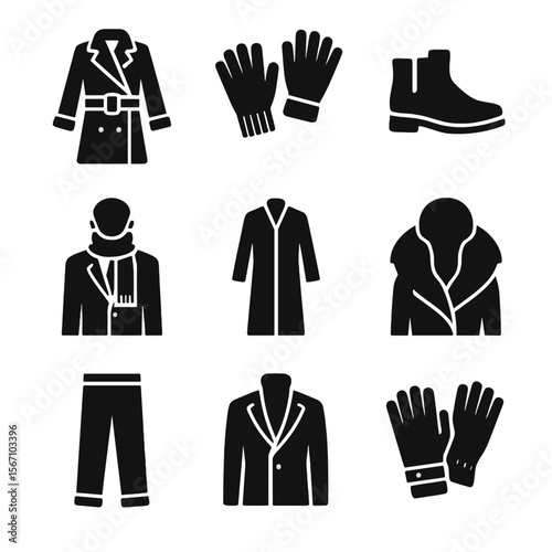 Winter Attire Icons. Solid, filled icon set of formal winter attire: wool trench, cashmere gloves, leather boots, scarf over suit,