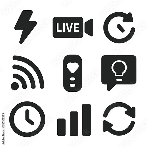 Real-Time Icons Grid. Solid, filled icons set of real-time suggestion systems: lightning bolt, live stream,