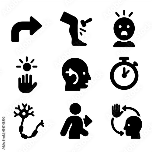 Reflex Icons Grid. Solid, filled icons set of reflexes and reactions: reflex arrow, knee tap, startled icon,