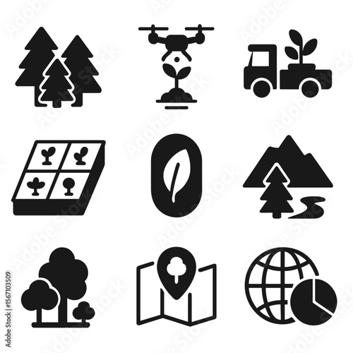 Reforestation Icons Grid. Solid, filled icons set of reforestation projects: forest icon, drone planting,