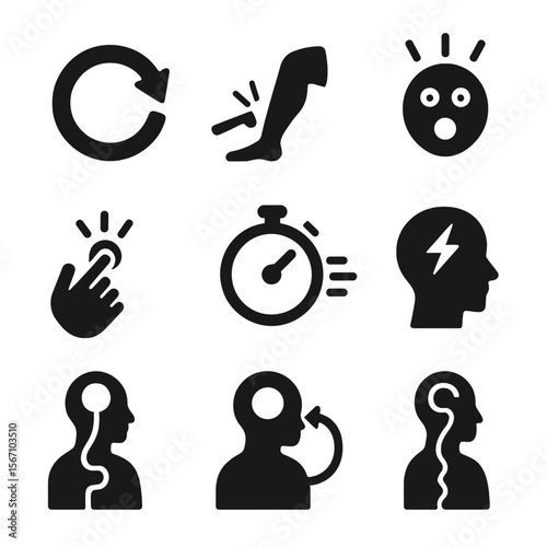 Reflex Icons Grid. Solid, filled icons set of reflexes and reactions: reflex arrow, knee tap, startled icon,