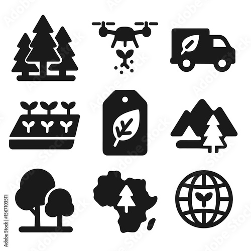 Reforestation Icons Grid. Solid, filled icons set of reforestation projects: forest icon, drone planting,