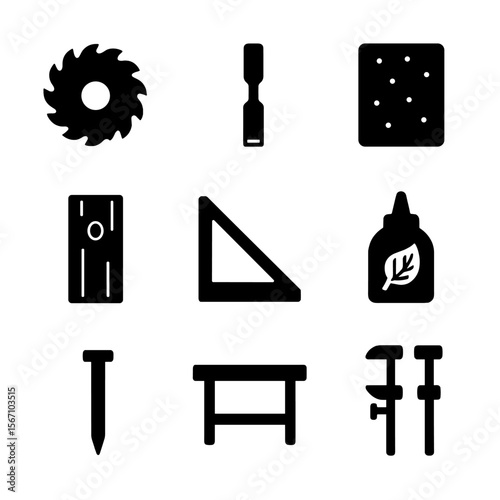 Woodworking Icon Set. Solid, filled icon set of woodworking projects: saw blade, chisel, wood plank, sandpaper, carpenter’s square