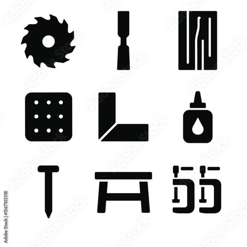 Woodworking Icon Set. Solid, filled icon set of woodworking projects: saw blade, chisel, wood plank, sandpaper, carpenter’s square