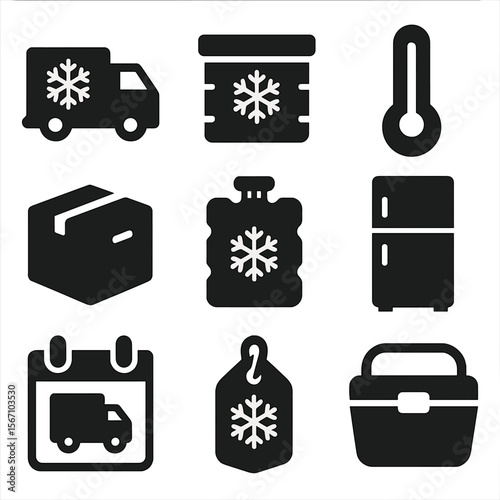 Refrigerated Transport Icons. Solid, filled icons set of refrigerated transport: snowflake truck, cold crate,