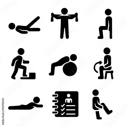 Rehabilitation Exercise Icons. Solid, filled icons set of rehabilitation exercises: leg raise, resistance band