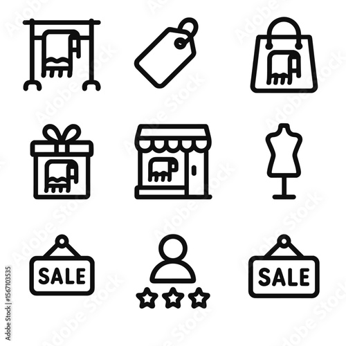 Wool Scarf Icon Set. Solid, filled icon set of Wool Scarf retail and shopping: clothing rack, price tag, shopping bag, cash