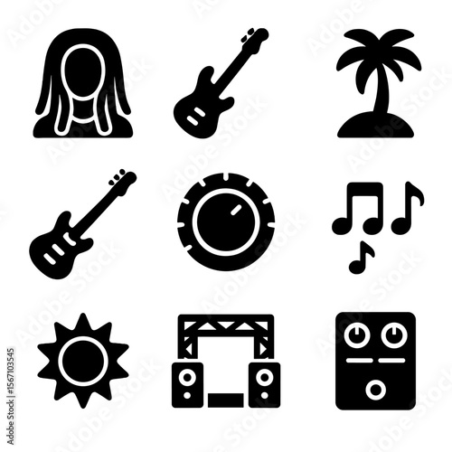 Reggae Rock Fusion Icons. Solid, filled icons set of reggae and rock fusion: dreadlock icon, electric bass,