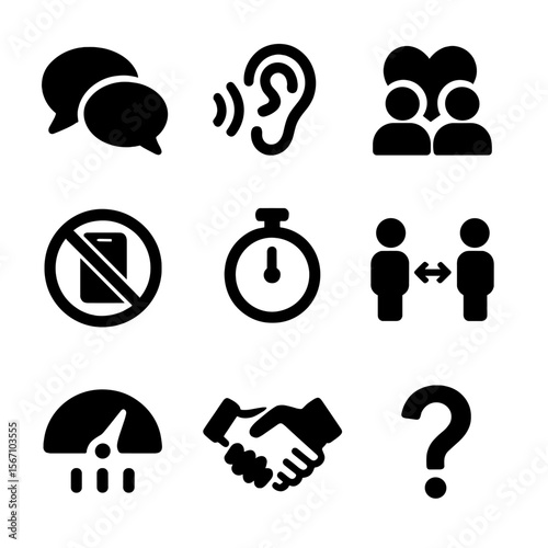 Relationship Communication Icons. Solid, filled icons set of effective communication in relationships: speech