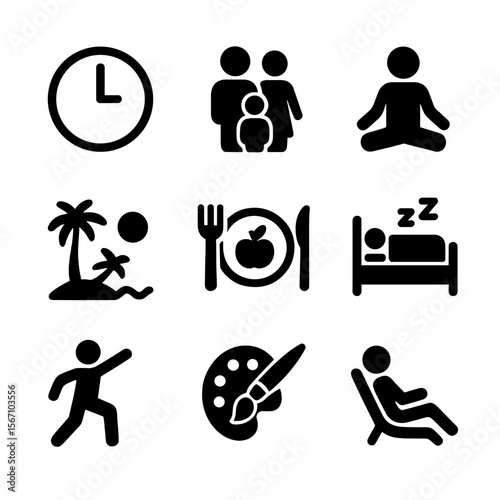 Work-Life Balance Icons. Solid, filled icon set of work-life balance: clock, family, yoga, vacation, meal, sleep, exercise,