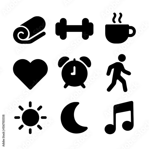 Work-Life Balance Icons. Solid, filled icon set of work-life balance: yoga mat, dumbbell, cup of tea, heart icon, alarm clock,