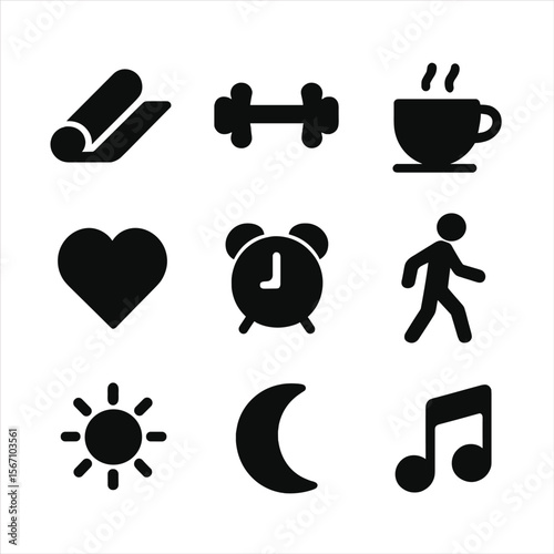 Work-Life Balance Icons. Solid, filled icon set of work-life balance: yoga mat, dumbbell, cup of tea, heart icon, alarm clock,