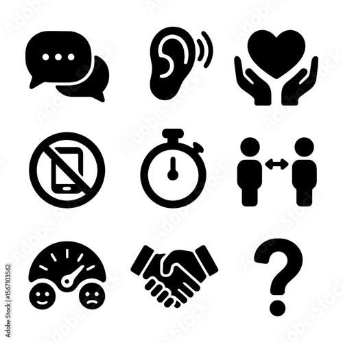 Relationship Communication Icons. Solid, filled icons set of effective communication in relationships: speech