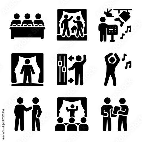 Rehearsal Stages Icons. Solid, filled icons set of rehearsal process stages: table read, blocking rehearsal,