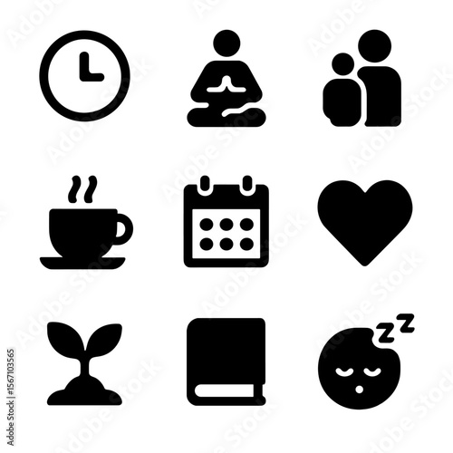 Work-Life Balance Icons. Solid, filled icon set of work-life balance: clock, yoga pose, family, coffee cup, calendar, heart, plant