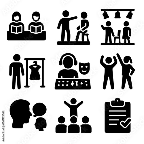 Rehearsal Stages Icons. Solid, filled icons set of rehearsal process stages: table read, blocking rehearsal,