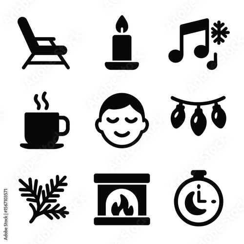 Relaxation Icon Set. Solid, filled icons set of relaxing with festive tunes: lounge chair, candlelight, slow