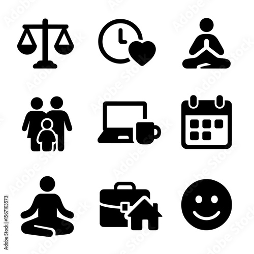 Work-Life Harmony Icons. Solid, filled icon set of life balance and work-life harmony: scales, clock with heart, yoga pose, family