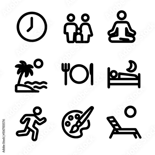 Work-Life Balance Icons. Solid, filled icon set of work-life balance: clock, family, yoga, vacation, meal, sleep, exercise,