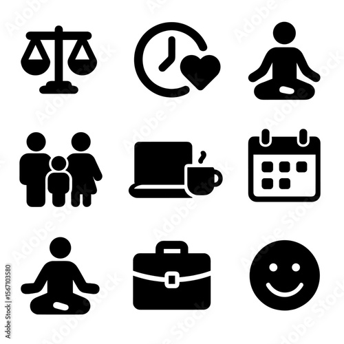 Work-Life Harmony Icons. Solid, filled icon set of life balance and work-life harmony: scales, clock with heart, yoga pose, family