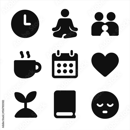 Work-Life Balance Icons. Solid, filled icon set of work-life balance: clock, yoga pose, family, coffee cup, calendar, heart, plant