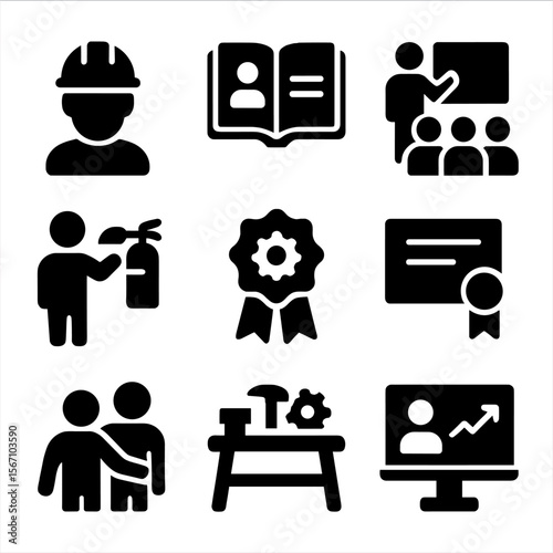 Workforce Training Icons. Solid, filled icon set of workforce and training: hard hat on head, training manual, group seminar,