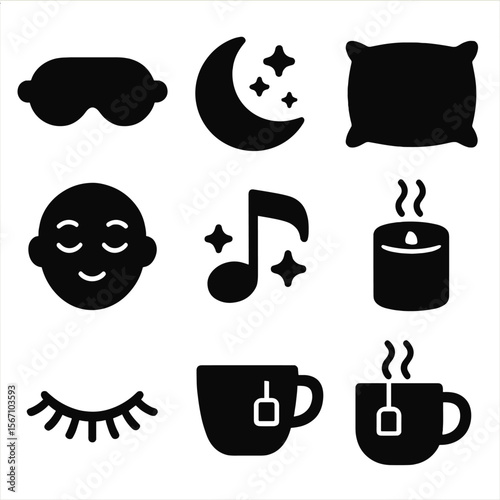 Relaxing Sleep Icons. Solid, filled icons set of sleep-induced relaxation: sleep mask, crescent moon, stars,