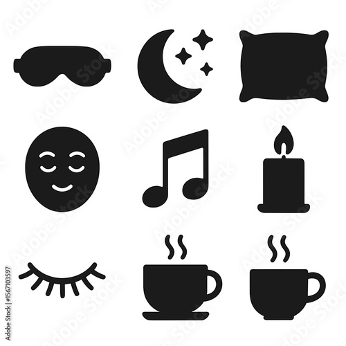 Relaxing Sleep Icons. Solid, filled icons set of sleep-induced relaxation: sleep mask, crescent moon, stars,